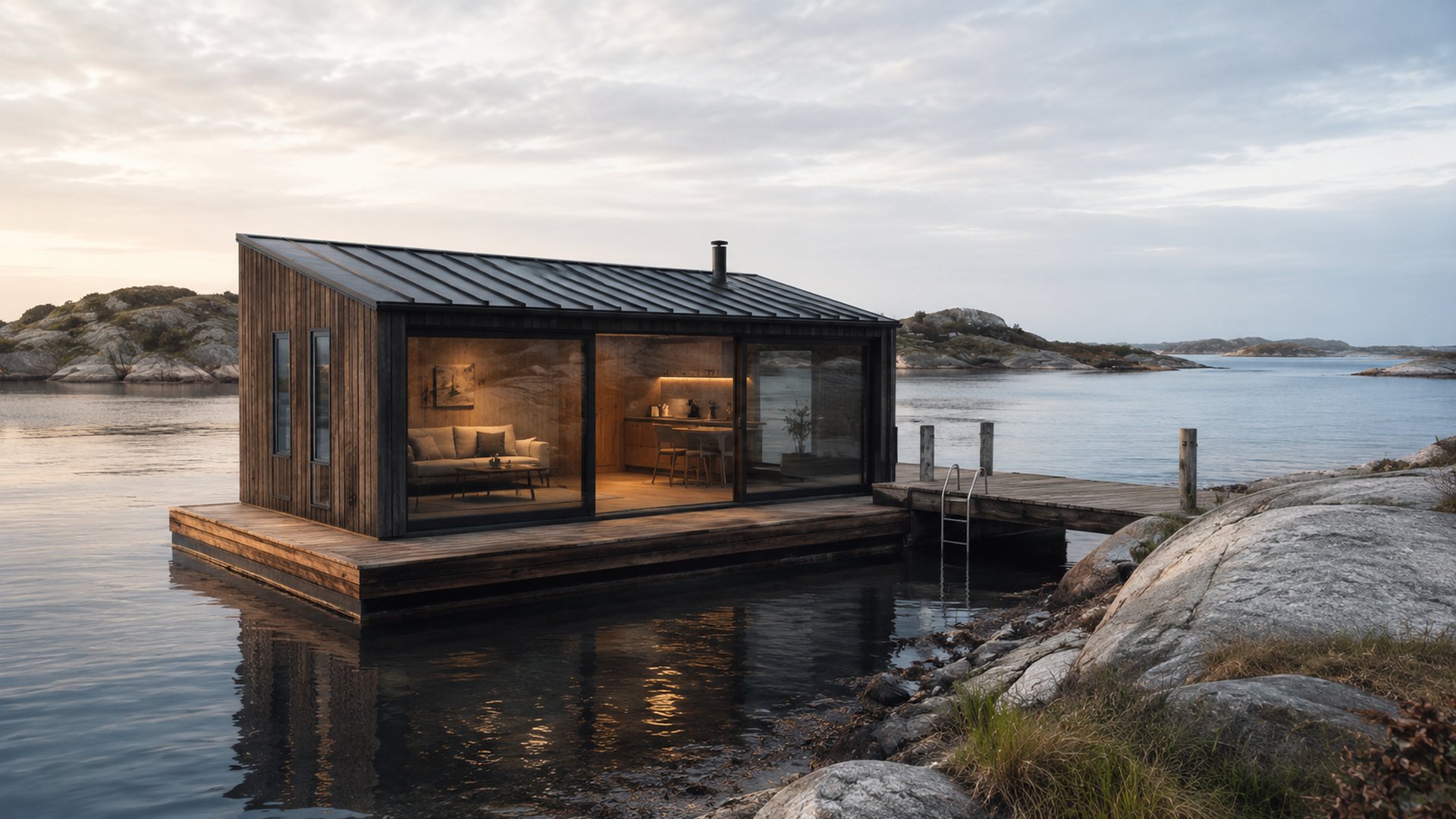 SKÄR 30 FLOAT på flytande plattform i skärgården i skymning, upplyst inifrån genom stora glaspartier