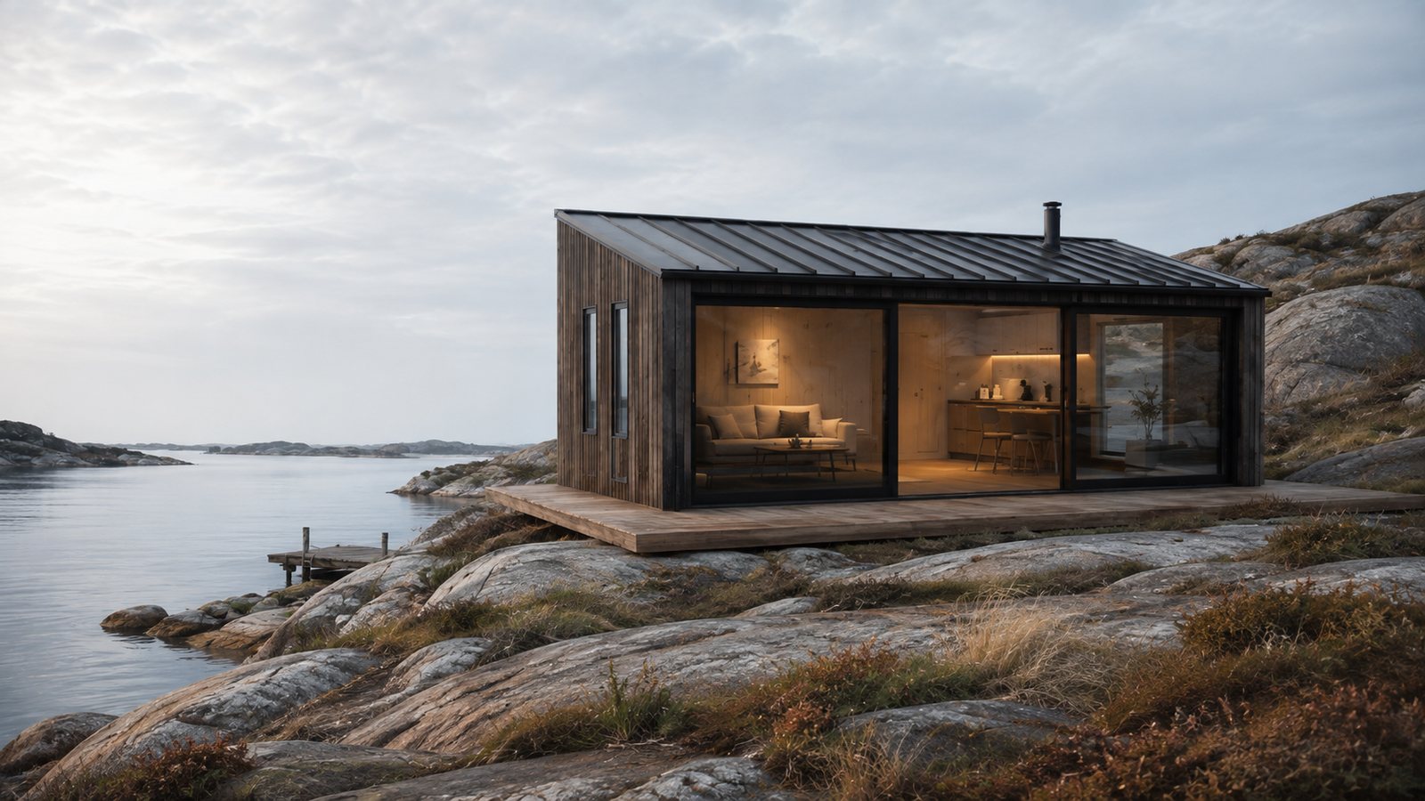 SKÄR 30 LAND på klipphäll vid vattnet, träpanel och stora glaspartier mot havet