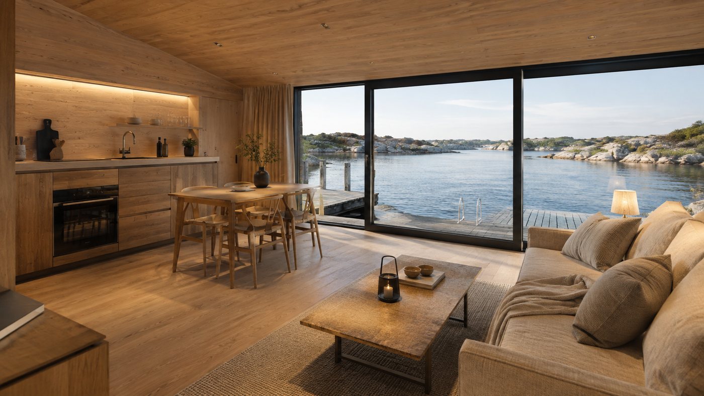 Vardagsrum och kök i öppen planlösning med matplats för fyra och panoramaglas mot skärgården