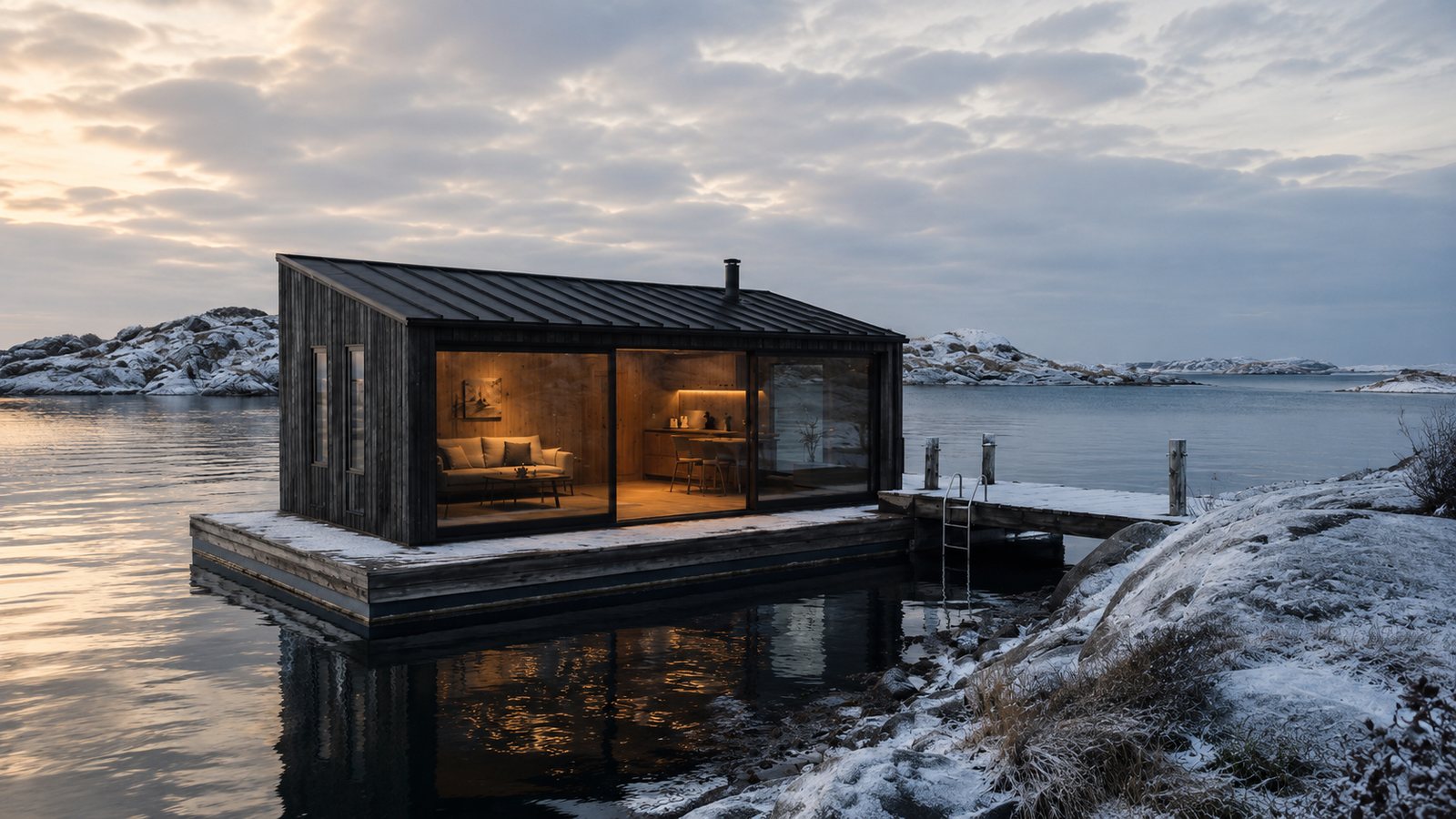 SKÄR 30 på vattnet i vinterlandskap med snötäckta klippor